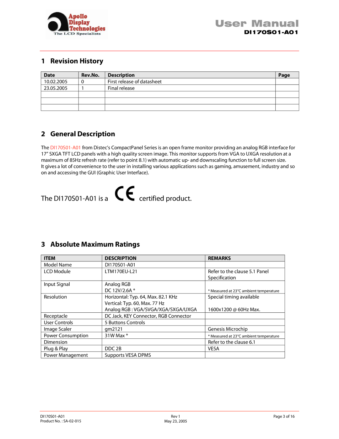 Apollo SA-02-015 user manual Revision History, General Description, Absolute Maximum Ratings, Date Rev.No Description 