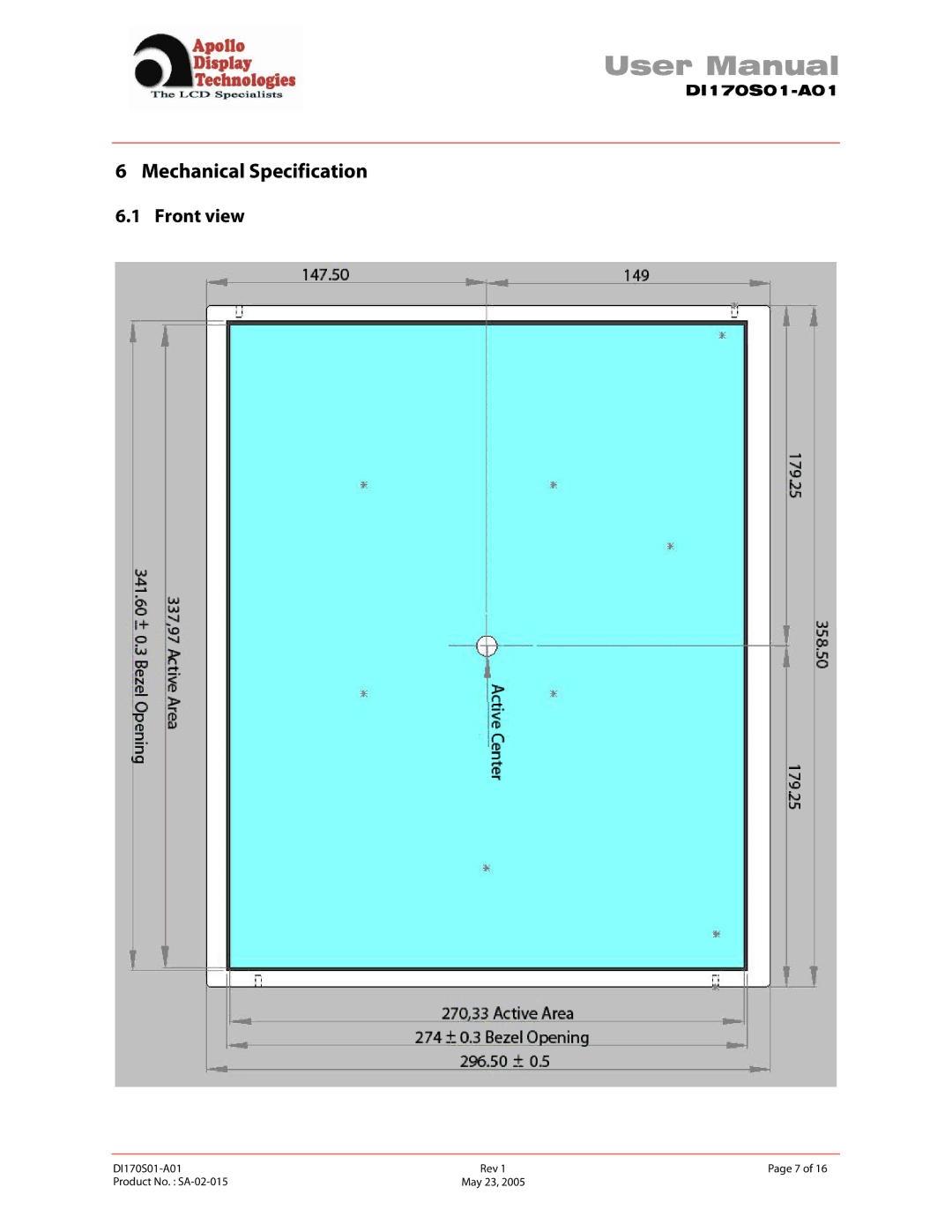 Apollo SA-02-015 user manual Mechanical Specification 