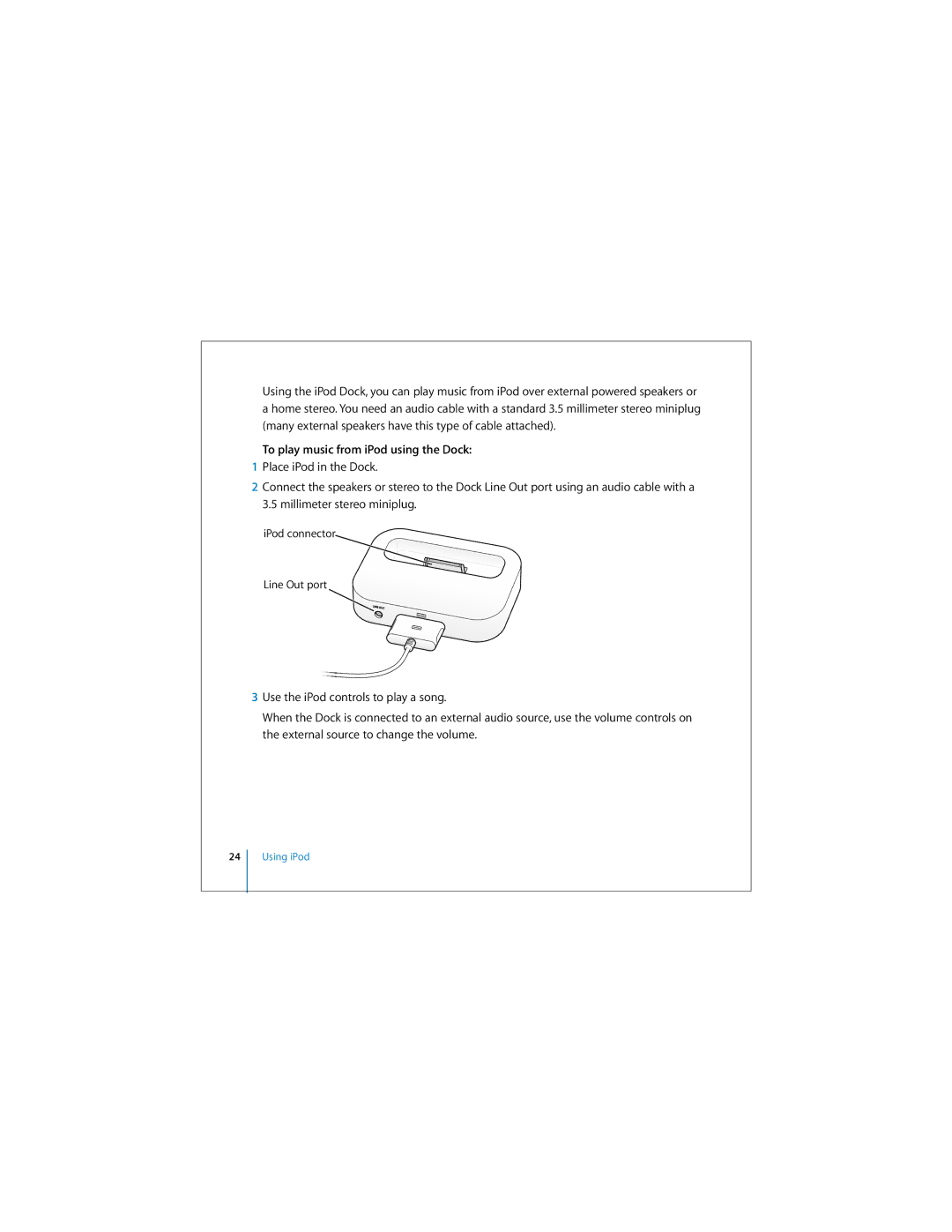 Apple 019-0245 manual To play music from iPod using the Dock 