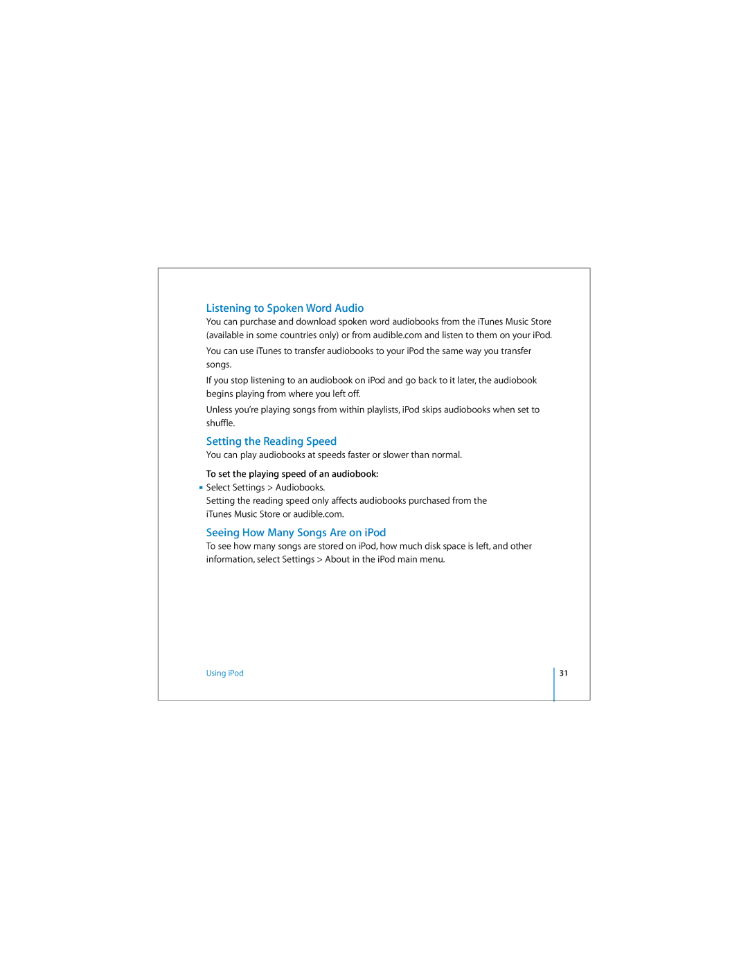 Apple 019-0245 manual Listening to Spoken Word Audio, Setting the Reading Speed, Seeing How Many Songs Are on iPod 