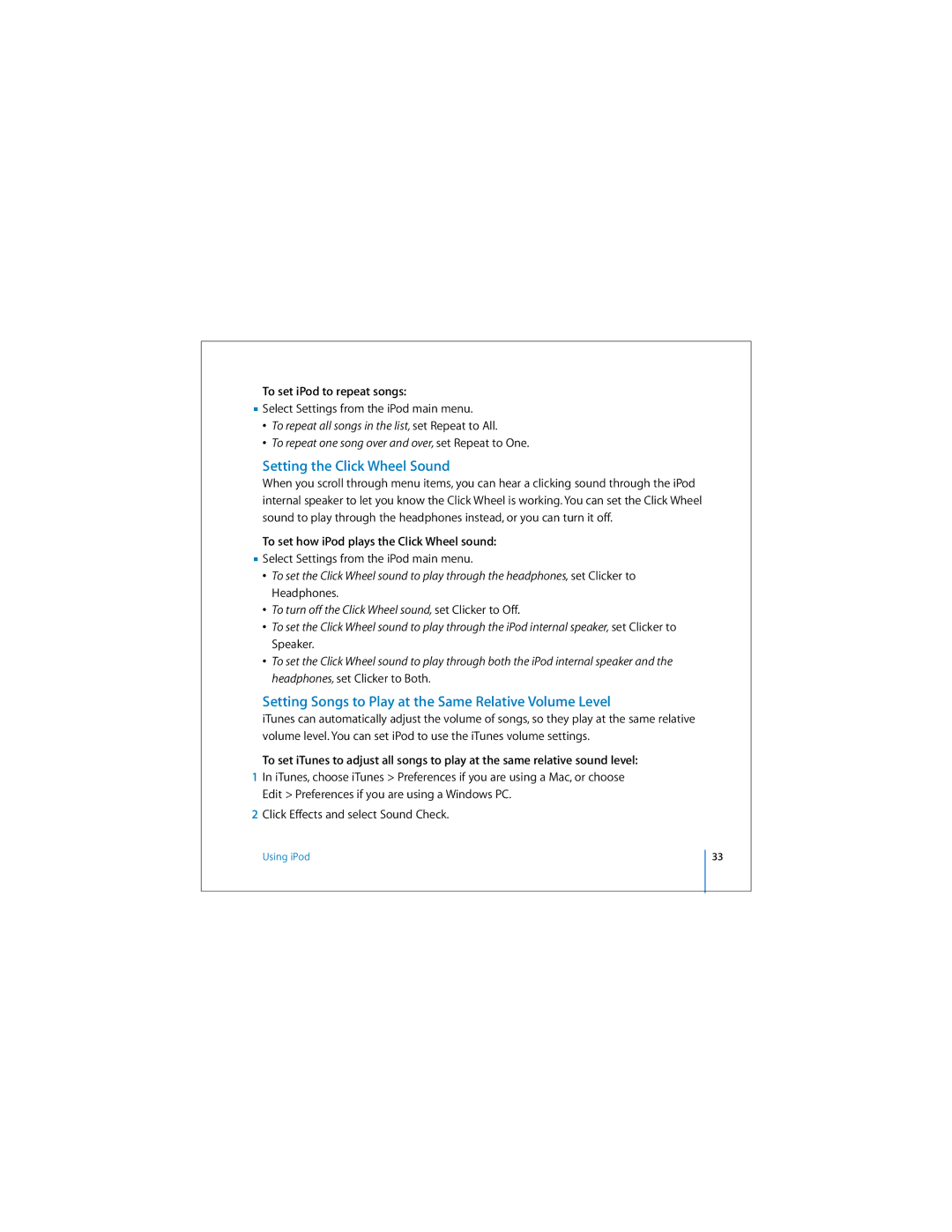 Apple 019-0245 manual Setting the Click Wheel Sound, Setting Songs to Play at the Same Relative Volume Level 