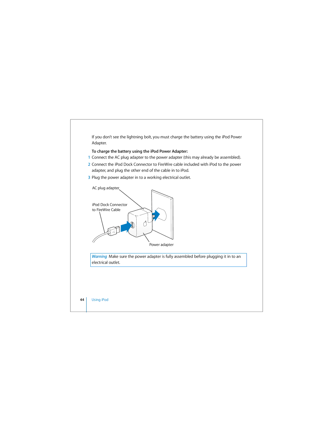 Apple 019-0245 manual To charge the battery using the iPod Power Adapter 