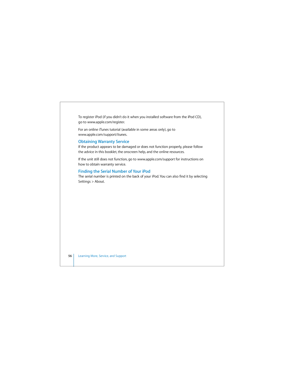 Apple 019-0245 manual Obtaining Warranty Service, Finding the Serial Number of Your iPod 