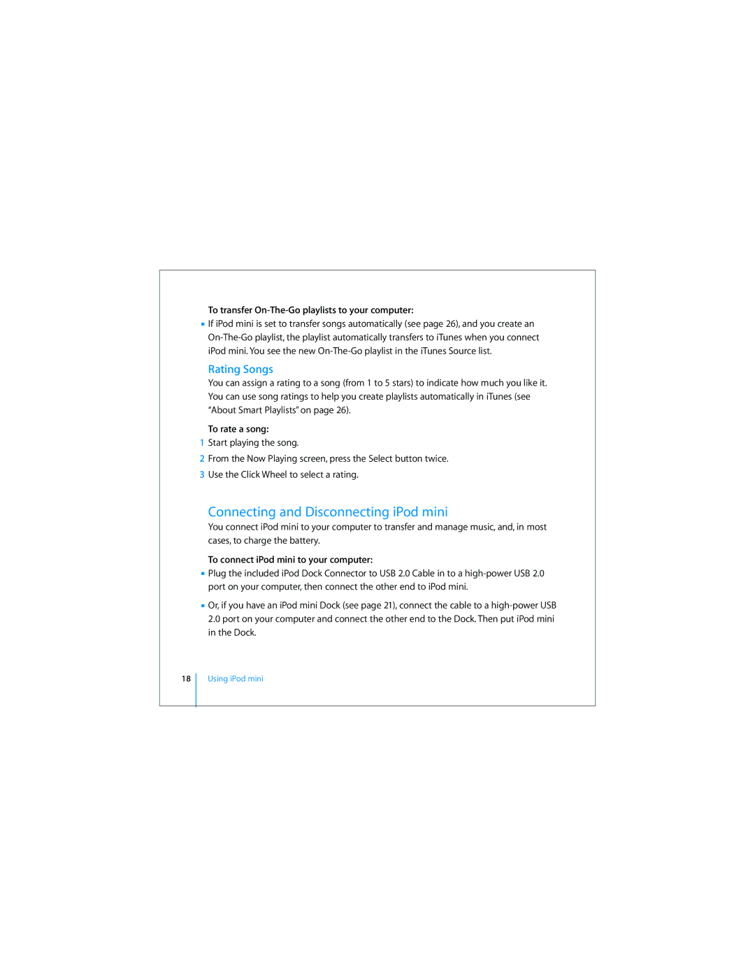 Apple 019-0497 Connecting and Disconnecting iPod mini, Rating Songs, To transfer On-The-Go playlists to your computer 