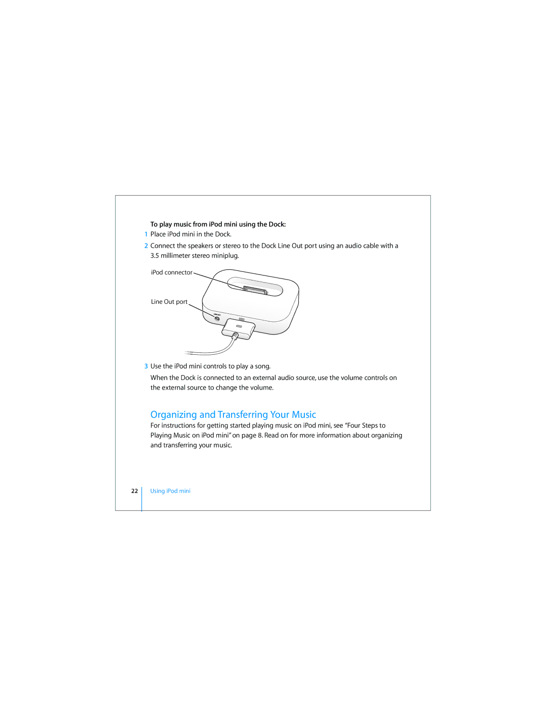 Apple 019-0497 manual Organizing and Transferring Your Music, To play music from iPod mini using the Dock 