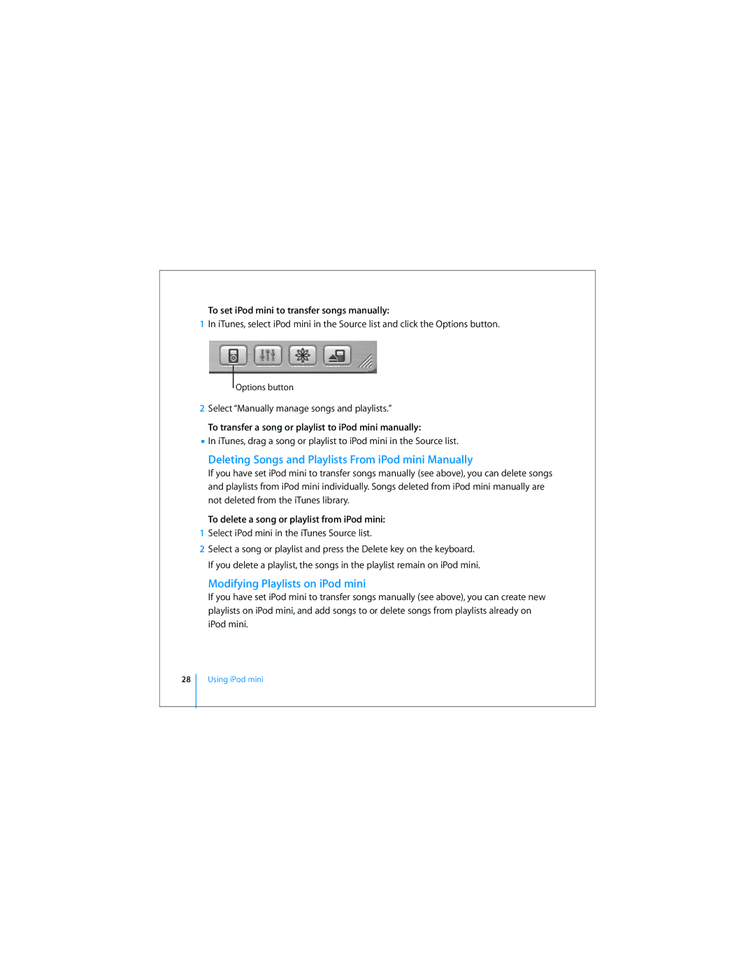 Apple 019-0497 manual Deleting Songs and Playlists From iPod mini Manually, Modifying Playlists on iPod mini 