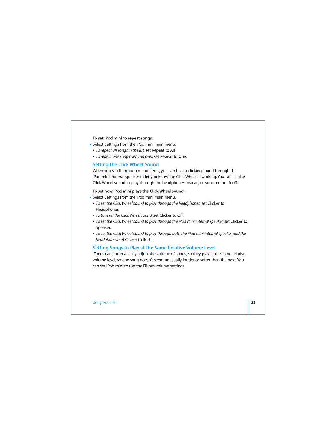 Apple 019-0497 manual Setting the Click Wheel Sound, Setting Songs to Play at the Same Relative Volume Level 