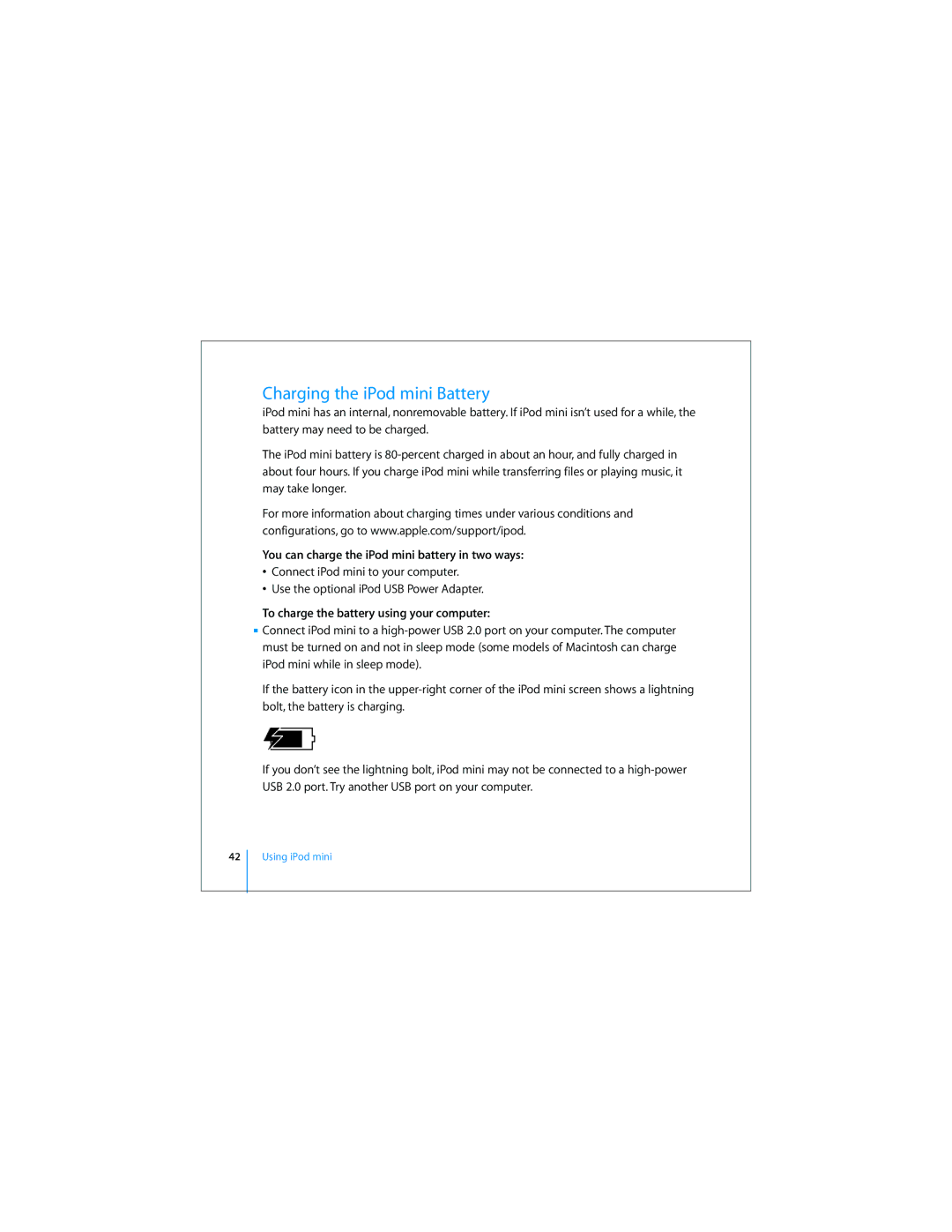 Apple 019-0497 manual Charging the iPod mini Battery, You can charge the iPod mini battery in two ways 