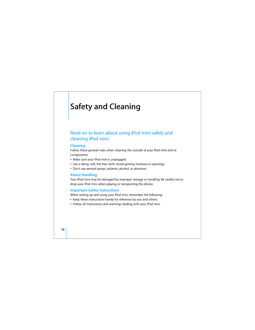 Apple 019-0497 manual Cleaning, About Handling, Important Safety Instructions 