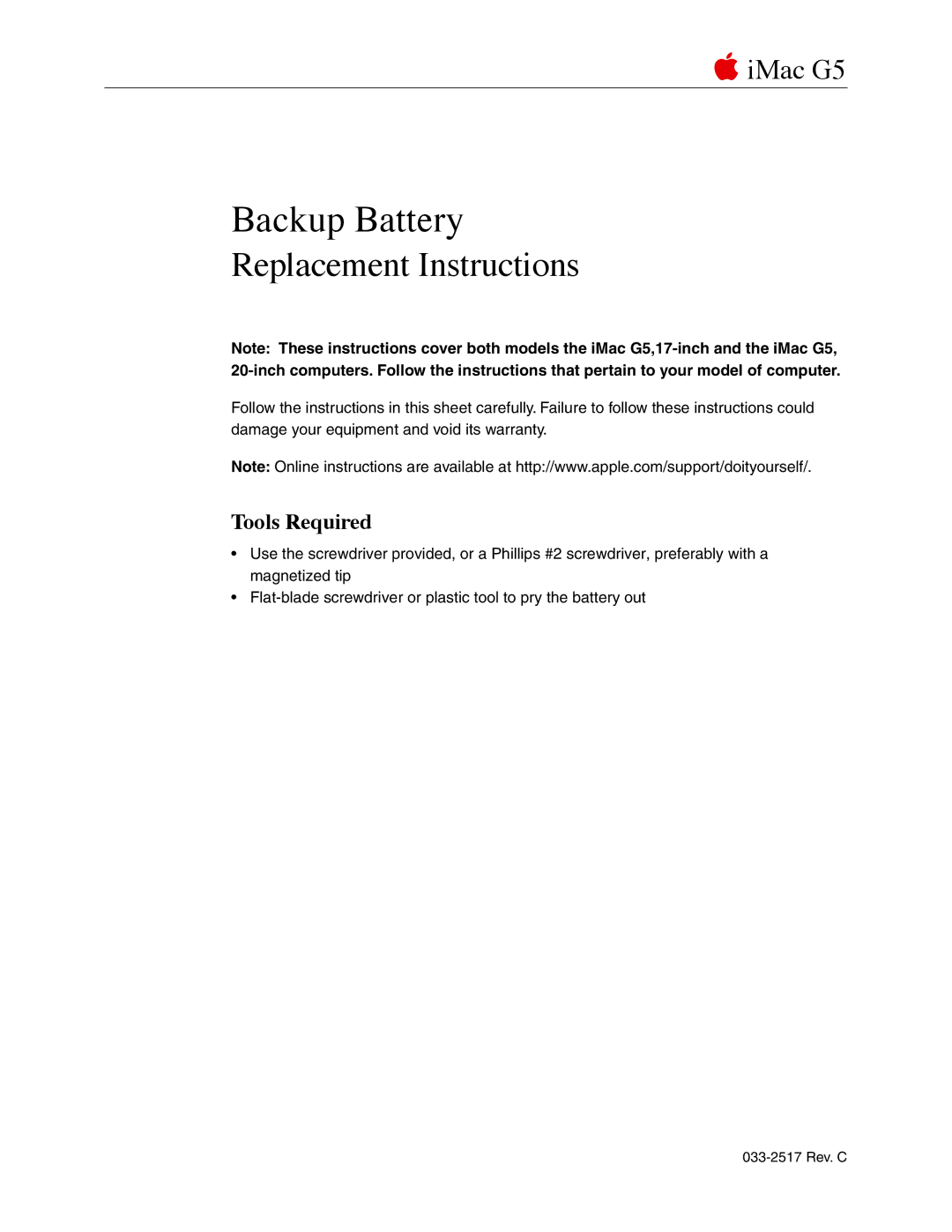 Apple 033-2517 warranty Backup Battery, Tools Required 