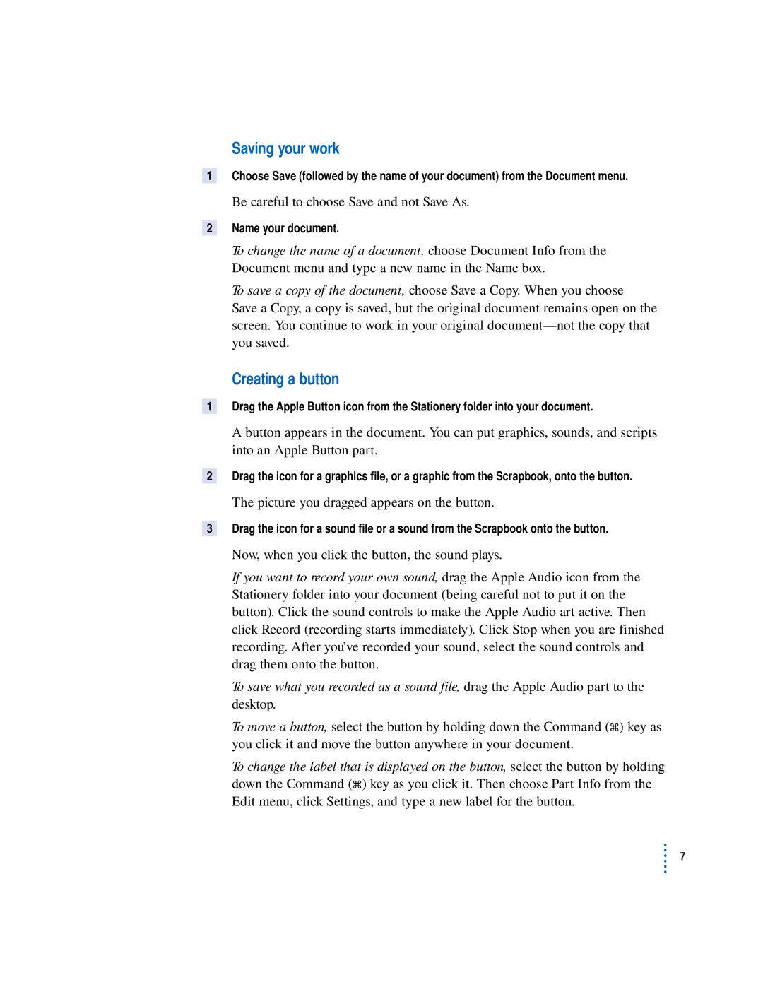Apple 034-0048-B, U96511-109B manual Saving your work, Creating a button 