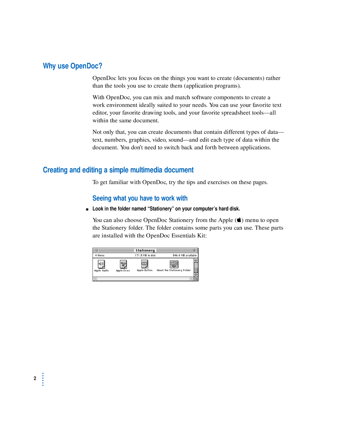 Apple U96511-109B Why use OpenDoc?, Creating and editing a simple multimedia document, Seeing what you have to work with 