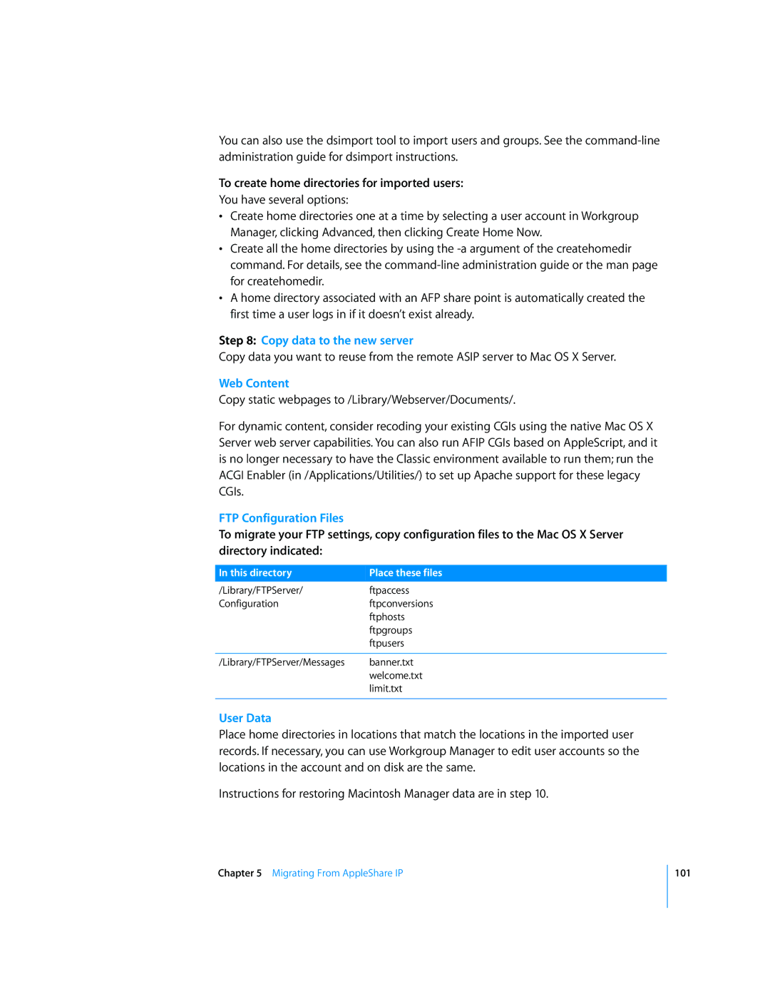 Apple 034-2344 manual To create home directories for imported users, Copy data to the new server 