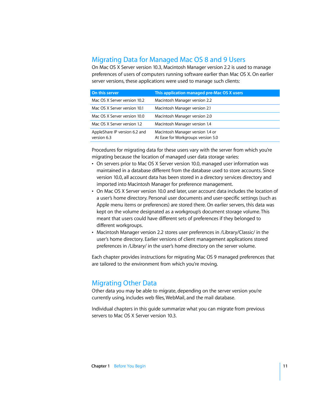 Apple 034-2344 manual Migrating Data for Managed Mac OS 8 and 9 Users, Migrating Other Data 