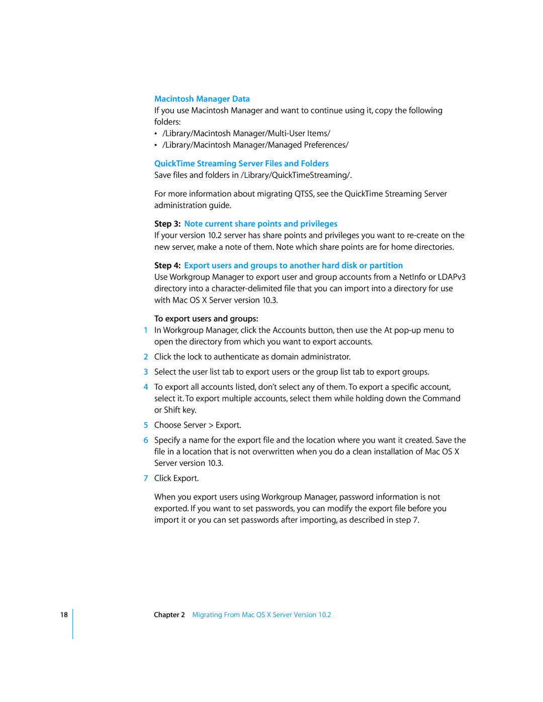 Apple 034-2344 manual Macintosh Manager Data, QuickTime Streaming Server Files and Folders, To export users and groups 
