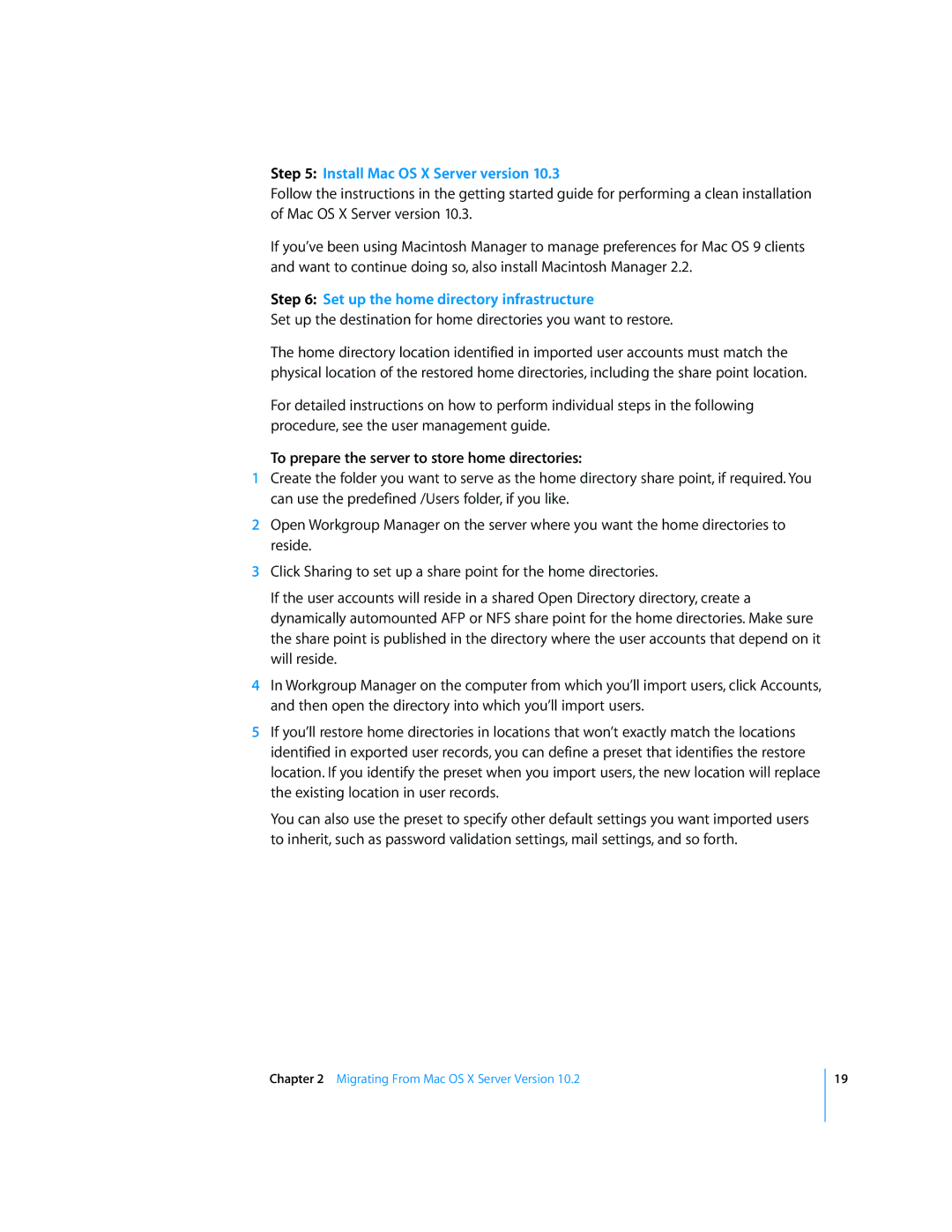 Apple 034-2344 manual Install Mac OS X Server version, Set up the home directory infrastructure 