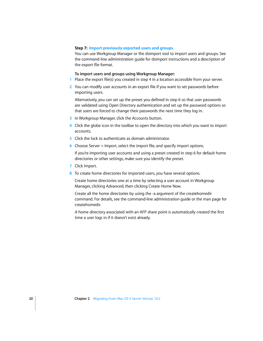 Apple 034-2344 manual Import previously exported users and groups, To import users and groups using Workgroup Manager 