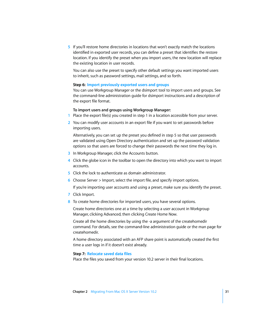Apple 034-2344 manual Import previously exported users and groups, Relocate saved data files 