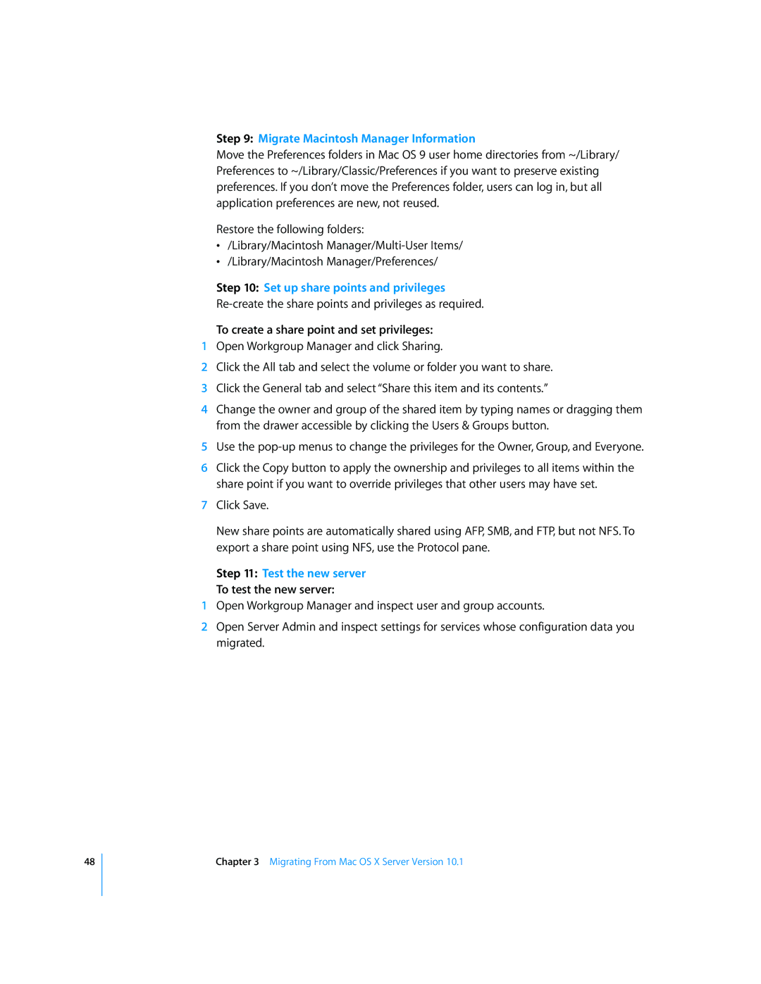 Apple 034-2344 manual Migrate Macintosh Manager Information, Set up share points and privileges 