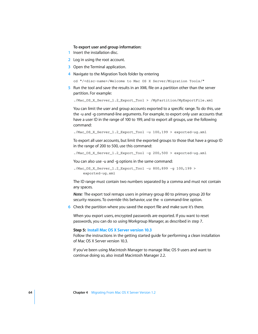 Apple 034-2344 manual To export user and group information, Install Mac OS X Server version 