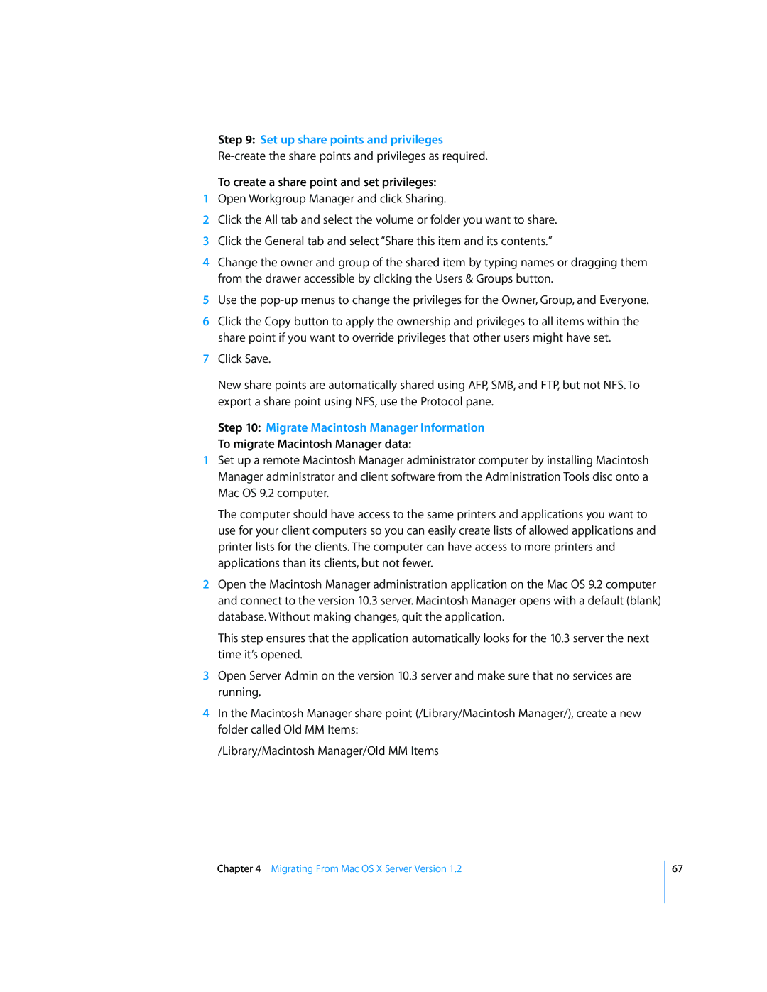 Apple 034-2344 manual Set up share points and privileges, To migrate Macintosh Manager data 