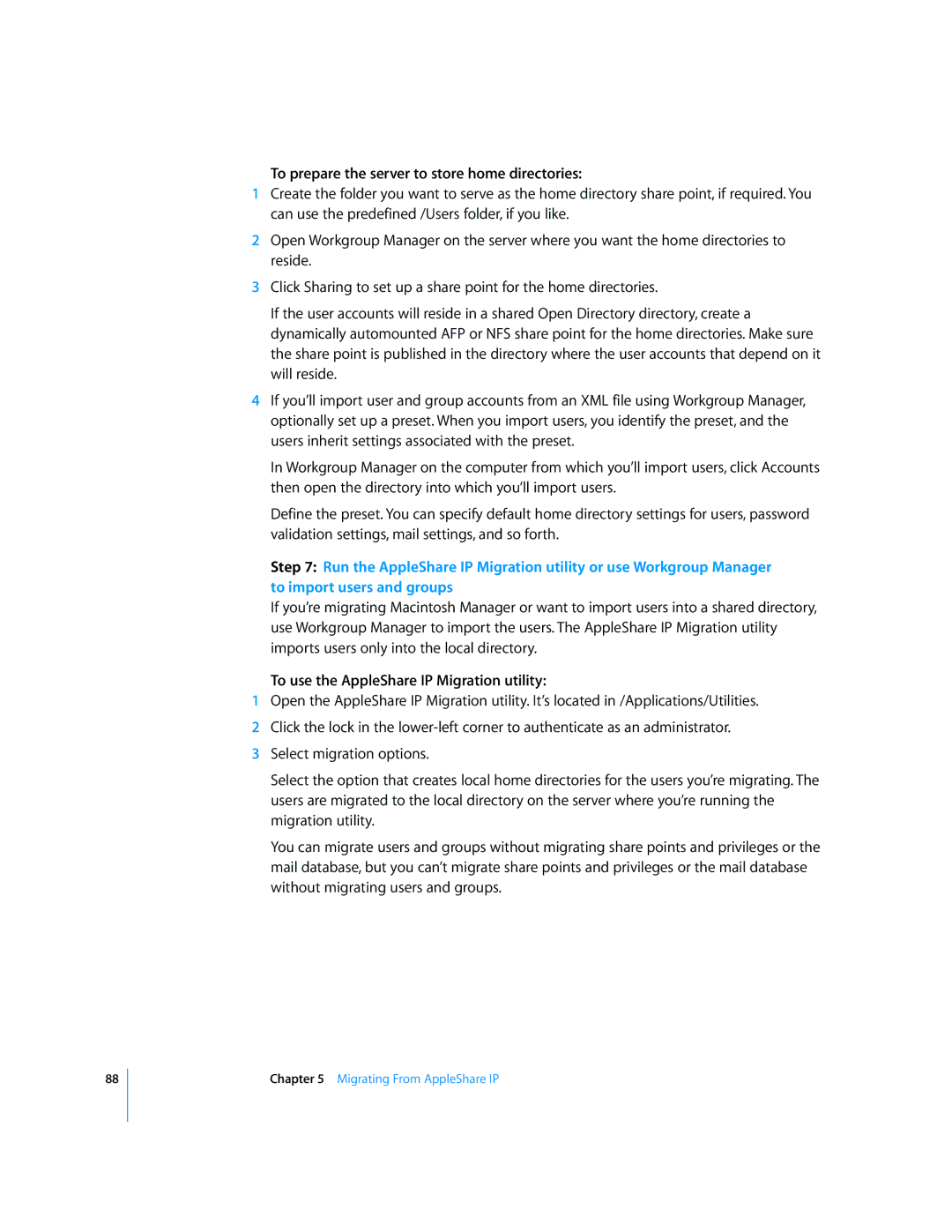 Apple 034-2344 manual To prepare the server to store home directories, To use the AppleShare IP Migration utility 