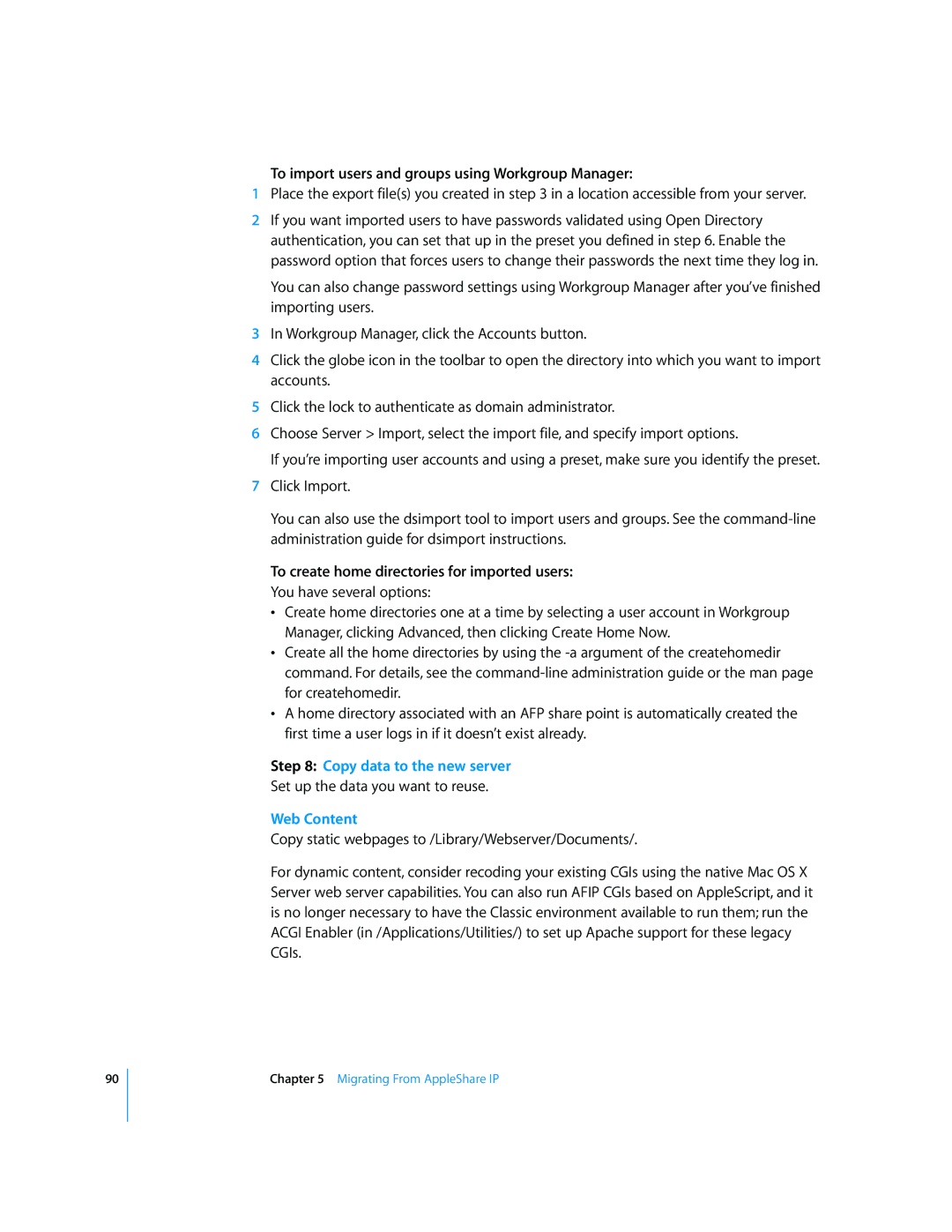 Apple 034-2344 manual To import users and groups using Workgroup Manager, Copy data to the new server 