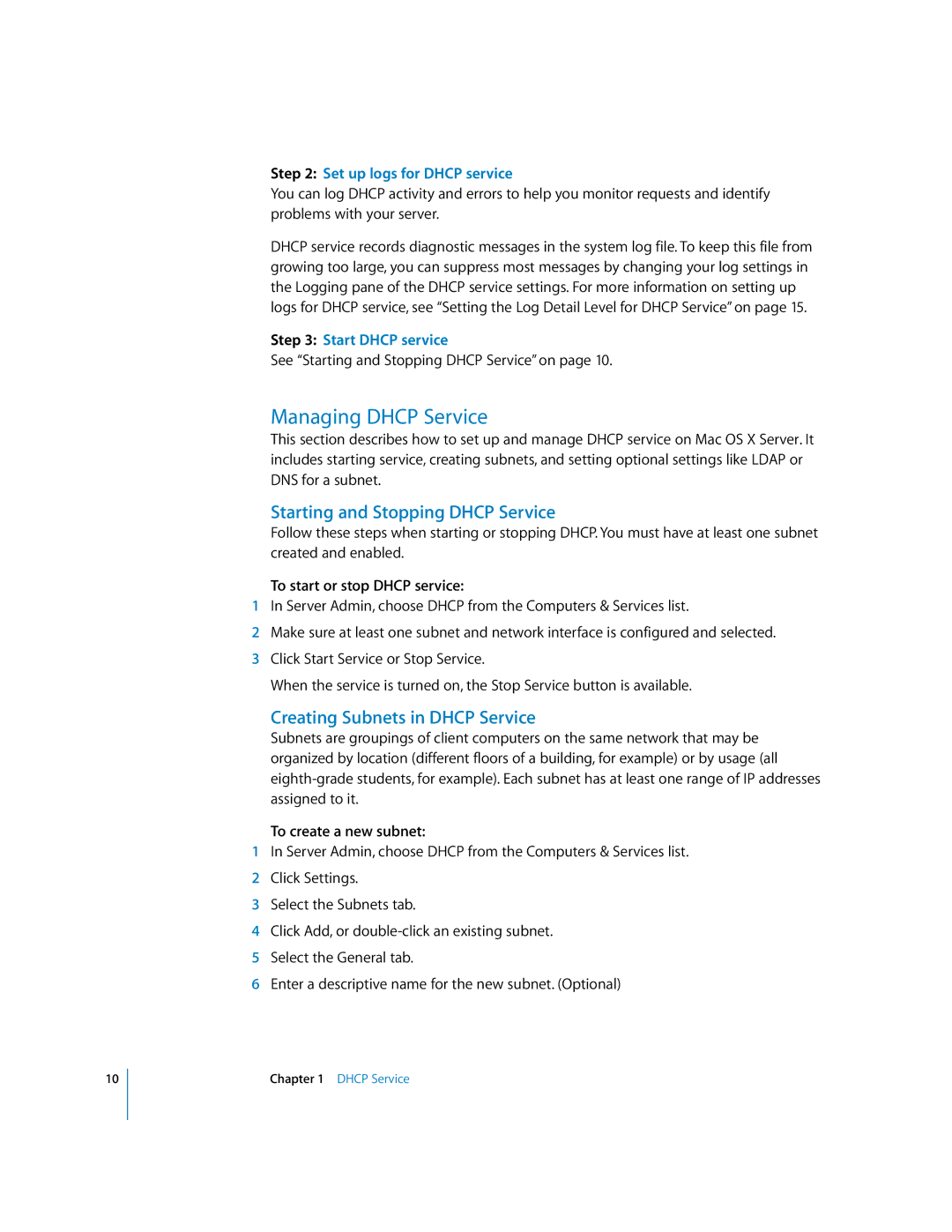 Apple 034-2351_Cvr manual Managing Dhcp Service, Starting and Stopping Dhcp Service, Creating Subnets in Dhcp Service 