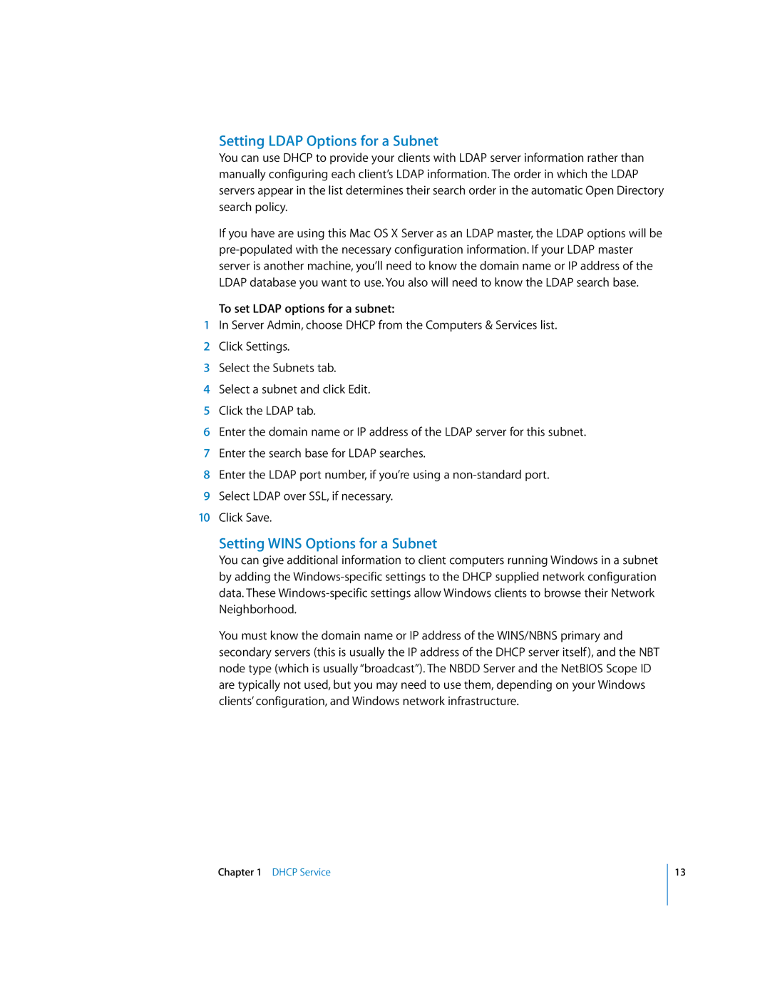 Apple 034-2351_Cvr Setting Ldap Options for a Subnet, Setting Wins Options for a Subnet, To set Ldap options for a subnet 