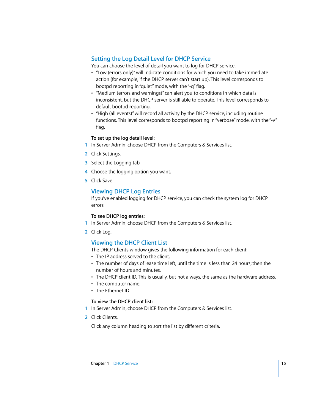 Apple 034-2351_Cvr Setting the Log Detail Level for Dhcp Service, Viewing Dhcp Log Entries, Viewing the Dhcp Client List 