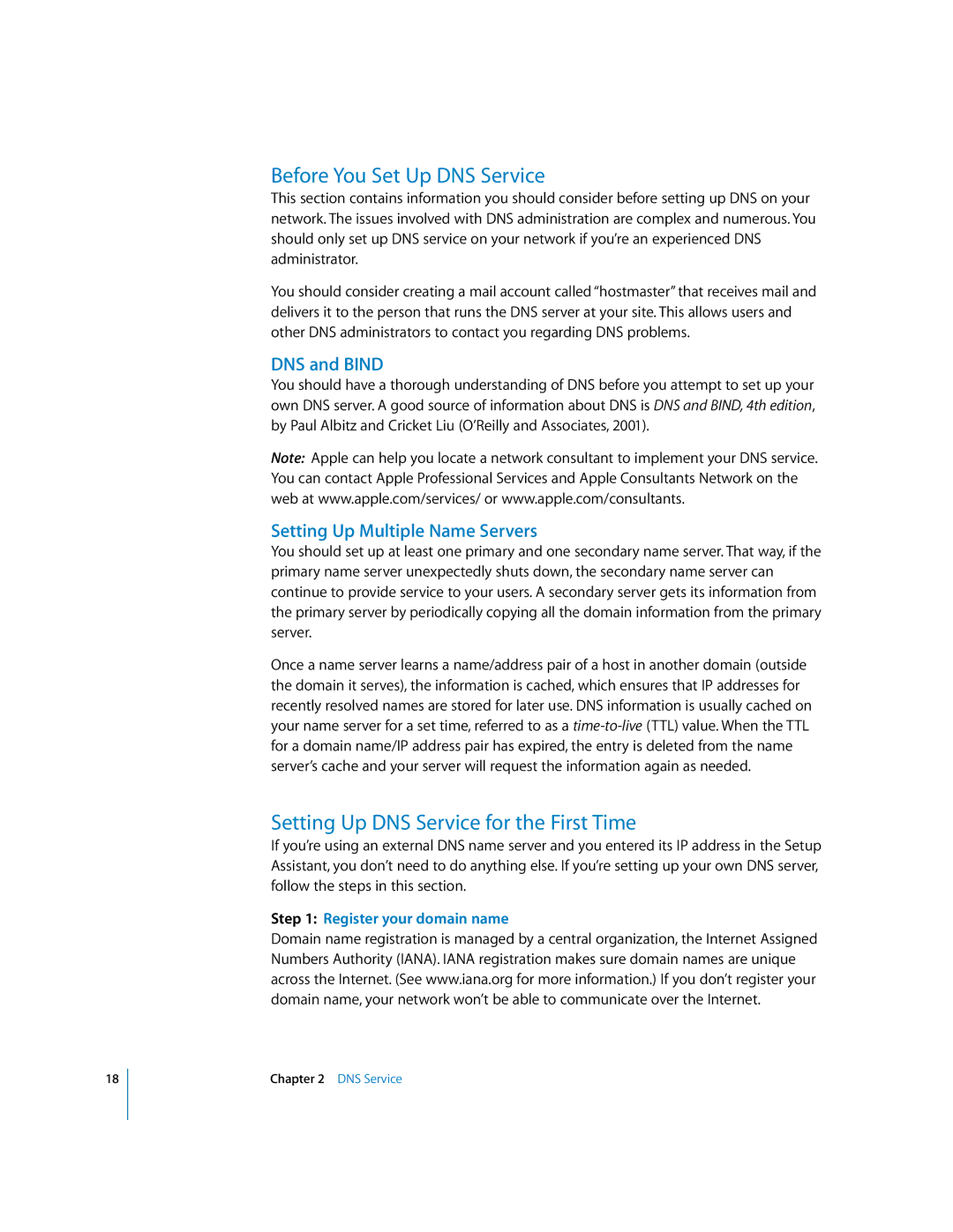 Apple 034-2351_Cvr manual Before You Set Up DNS Service, Setting Up DNS Service for the First Time, DNS and Bind 