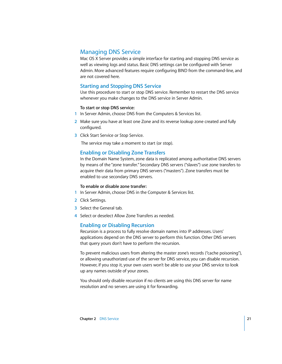 Apple 034-2351_Cvr manual Managing DNS Service, Starting and Stopping DNS Service, Enabling or Disabling Zone Transfers 