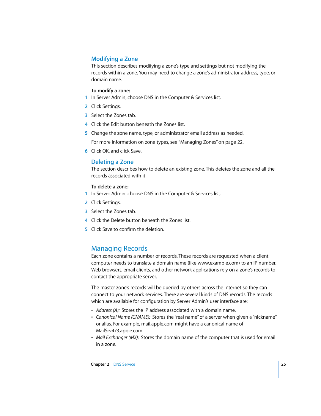 Apple 034-2351_Cvr manual Managing Records, Modifying a Zone, Deleting a Zone, To modify a zone, To delete a zone 