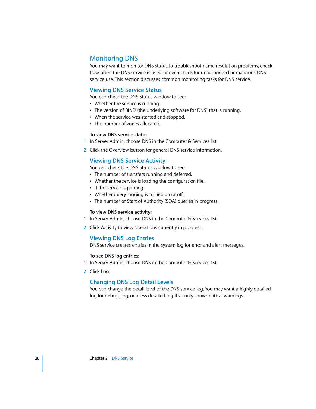 Apple 034-2351_Cvr manual Monitoring DNS, Viewing DNS Service Status, Viewing DNS Service Activity, Viewing DNS Log Entries 