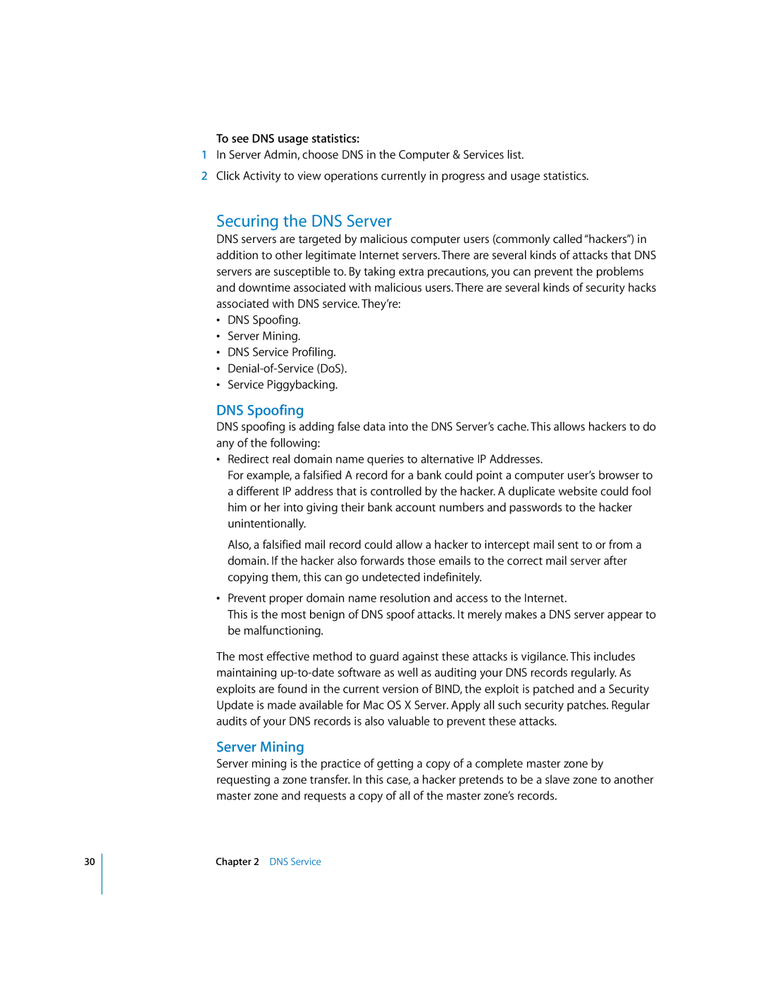 Apple 034-2351_Cvr manual Securing the DNS Server, DNS Spoofing, Server Mining, To see DNS usage statistics 