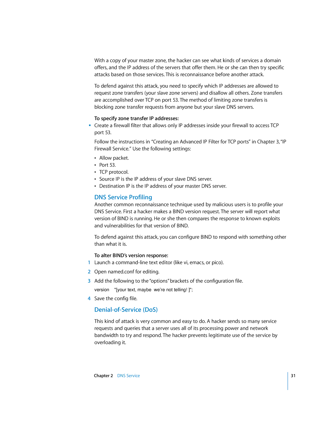 Apple 034-2351_Cvr manual DNS Service Profiling, Denial-of-Service DoS, To specify zone transfer IP addresses 