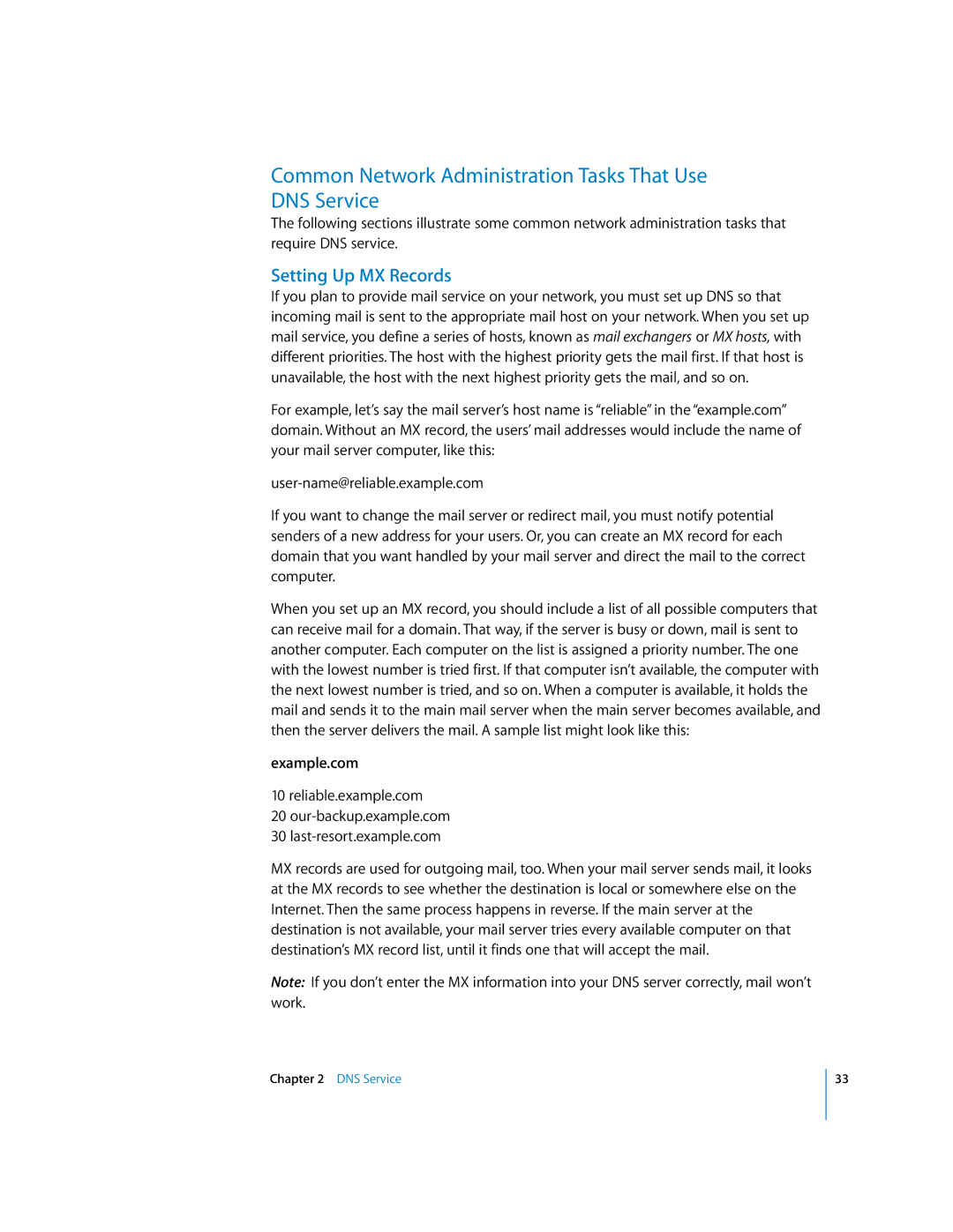 Apple 034-2351_Cvr manual Common Network Administration Tasks That Use DNS Service, Setting Up MX Records, Example.com 