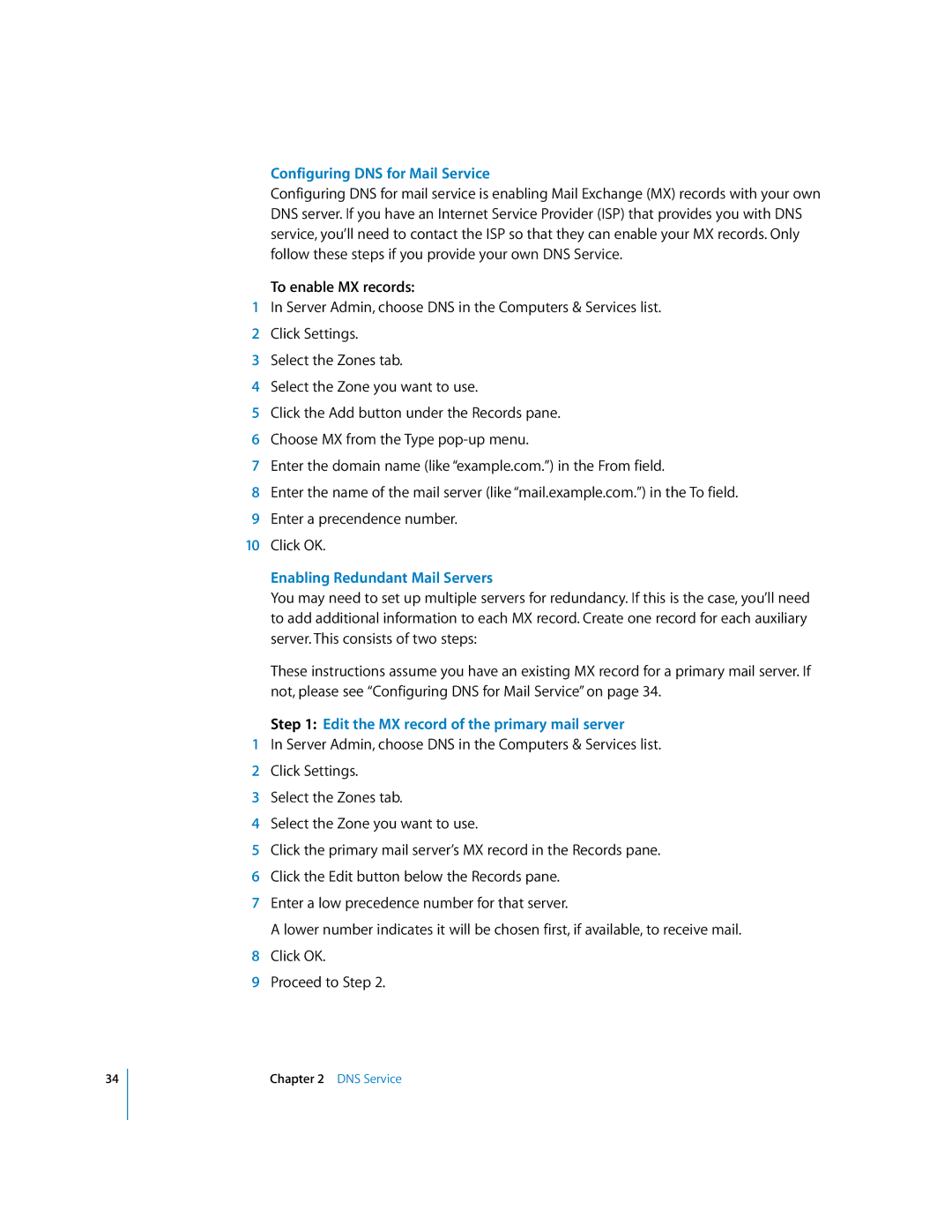 Apple 034-2351_Cvr manual Configuring DNS for Mail Service, To enable MX records, Enabling Redundant Mail Servers 