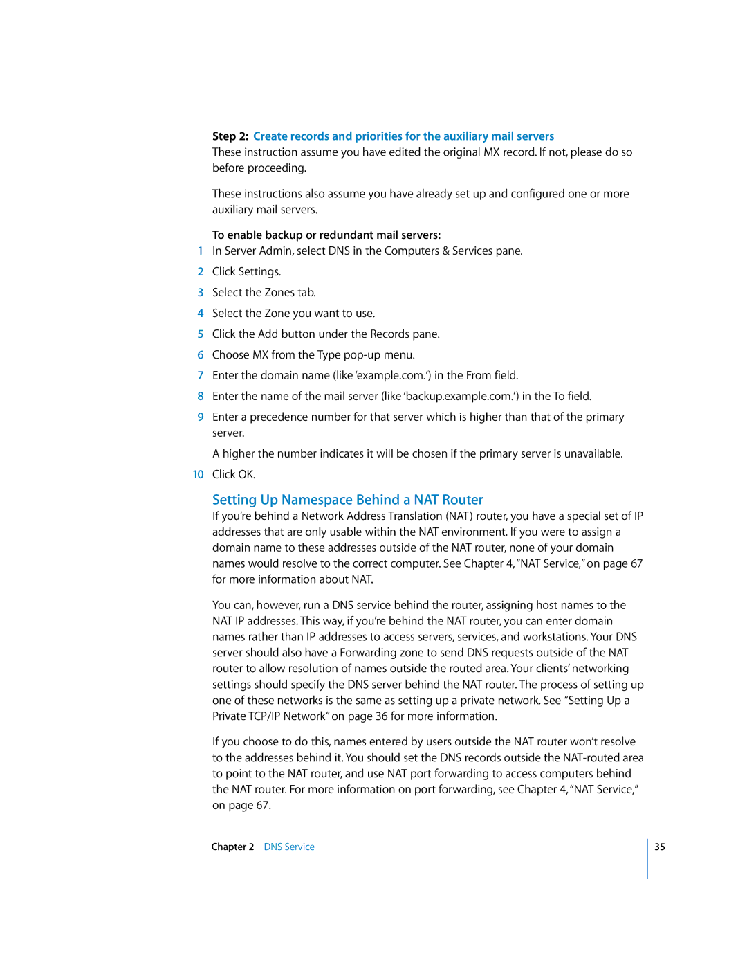 Apple 034-2351_Cvr manual Setting Up Namespace Behind a NAT Router, To enable backup or redundant mail servers 