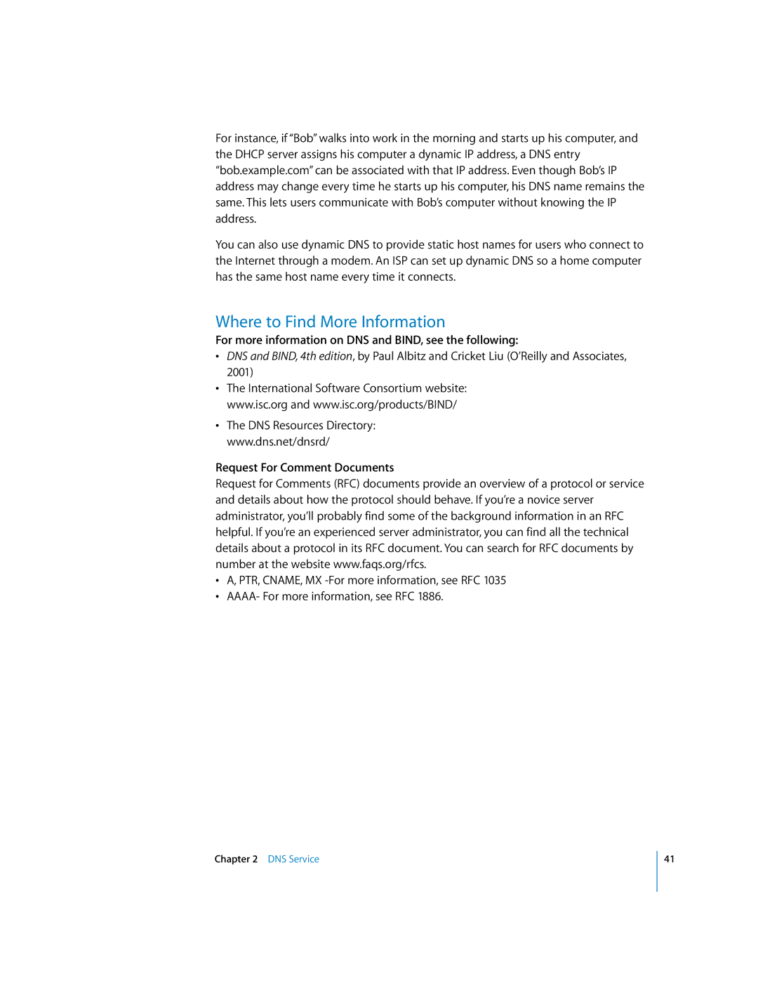 Apple 034-2351_Cvr manual For more information on DNS and BIND, see the following, Request For Comment Documents 