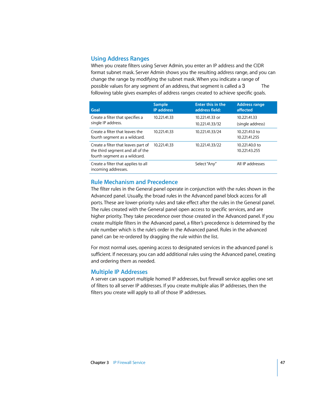 Apple 034-2351_Cvr manual Using Address Ranges, Rule Mechanism and Precedence, Multiple IP Addresses 