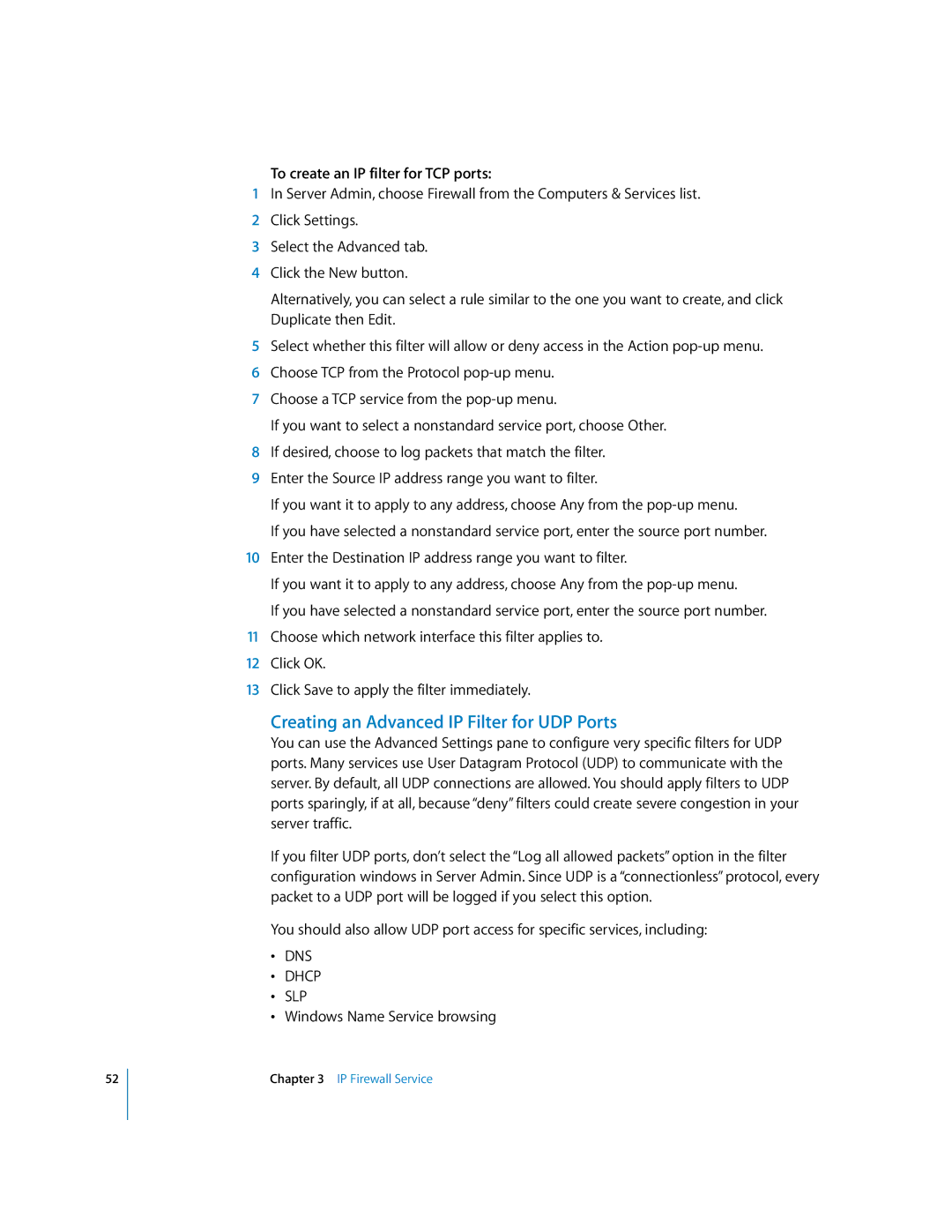 Apple 034-2351_Cvr manual Creating an Advanced IP Filter for UDP Ports, To create an IP filter for TCP ports 