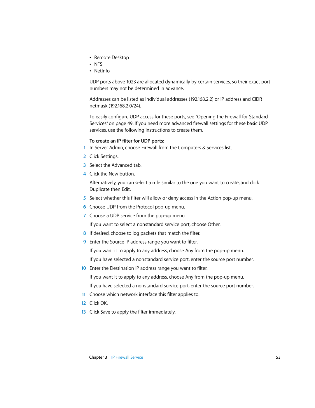 Apple 034-2351_Cvr manual Nfs, To create an IP filter for UDP ports 