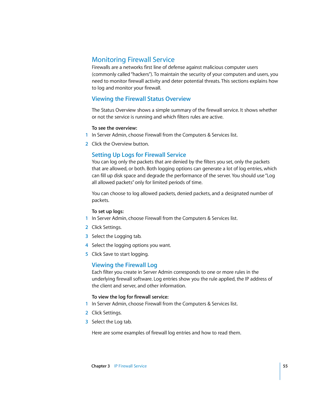 Apple 034-2351_Cvr Monitoring Firewall Service, Viewing the Firewall Status Overview, Setting Up Logs for Firewall Service 