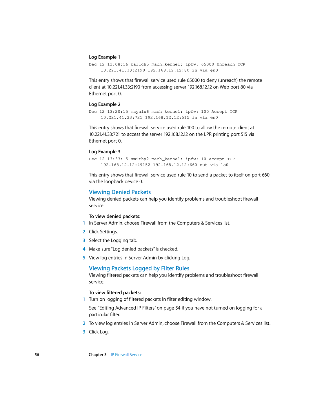 Apple 034-2351_Cvr Viewing Denied Packets, Viewing Packets Logged by Filter Rules, Log Example, To view denied packets 