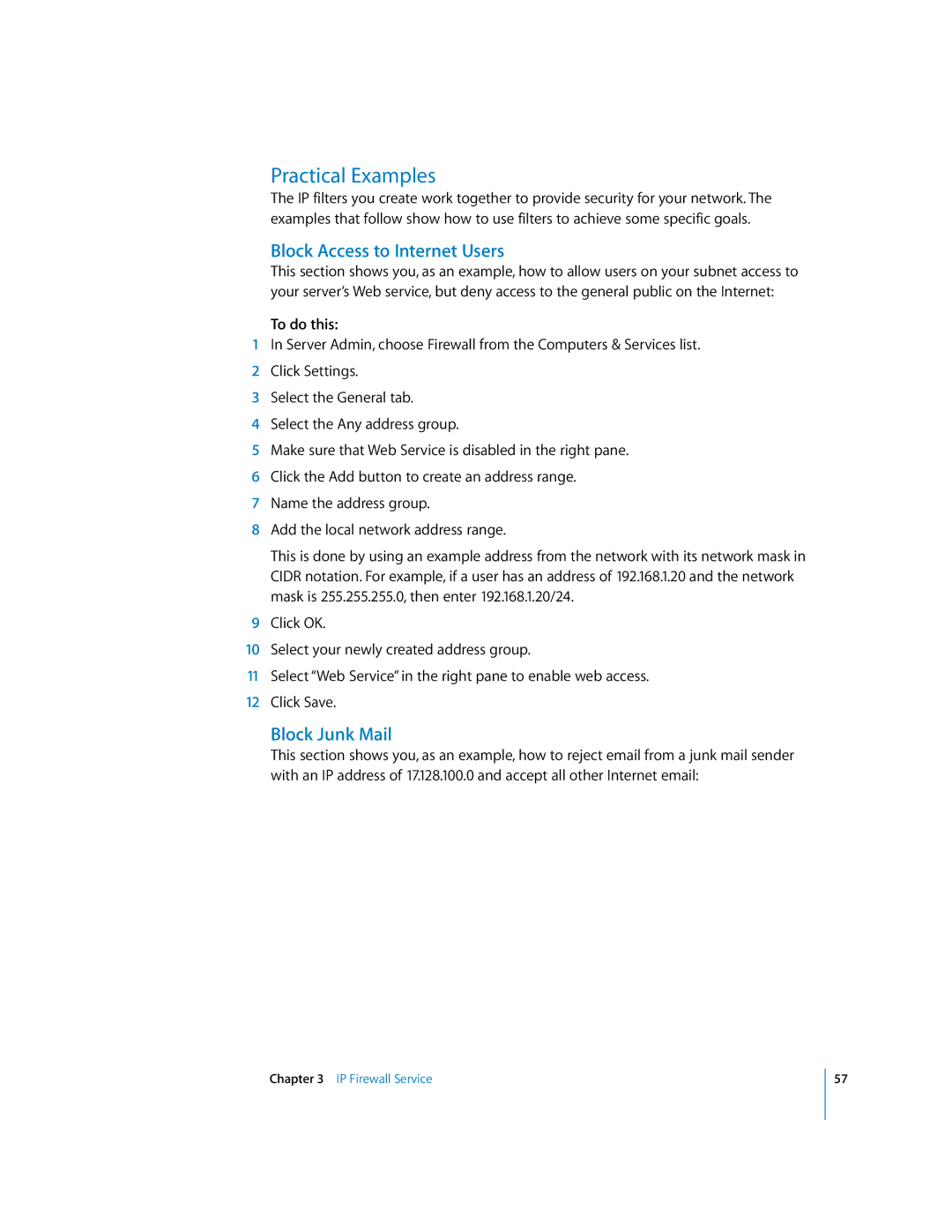 Apple 034-2351_Cvr manual Practical Examples, Block Access to Internet Users, Block Junk Mail, To do this 