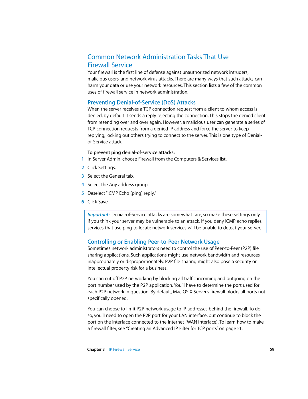 Apple 034-2351_Cvr manual Preventing Denial-of-Service DoS Attacks, Controlling or Enabling Peer-to-Peer Network Usage 