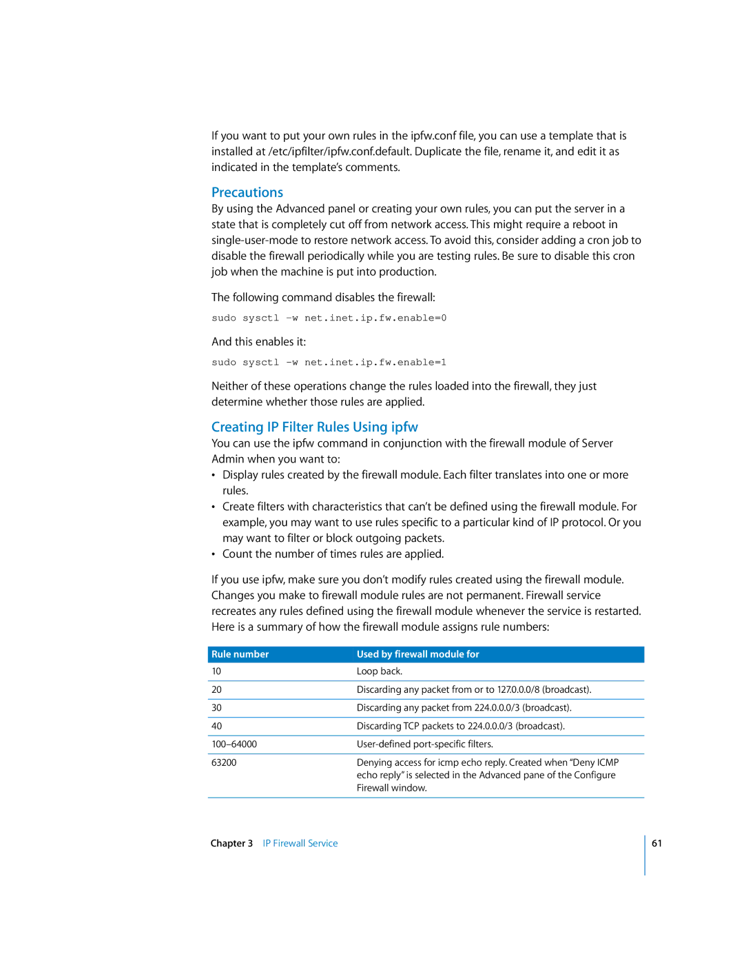 Apple 034-2351_Cvr manual Precautions, Creating IP Filter Rules Using ipfw 