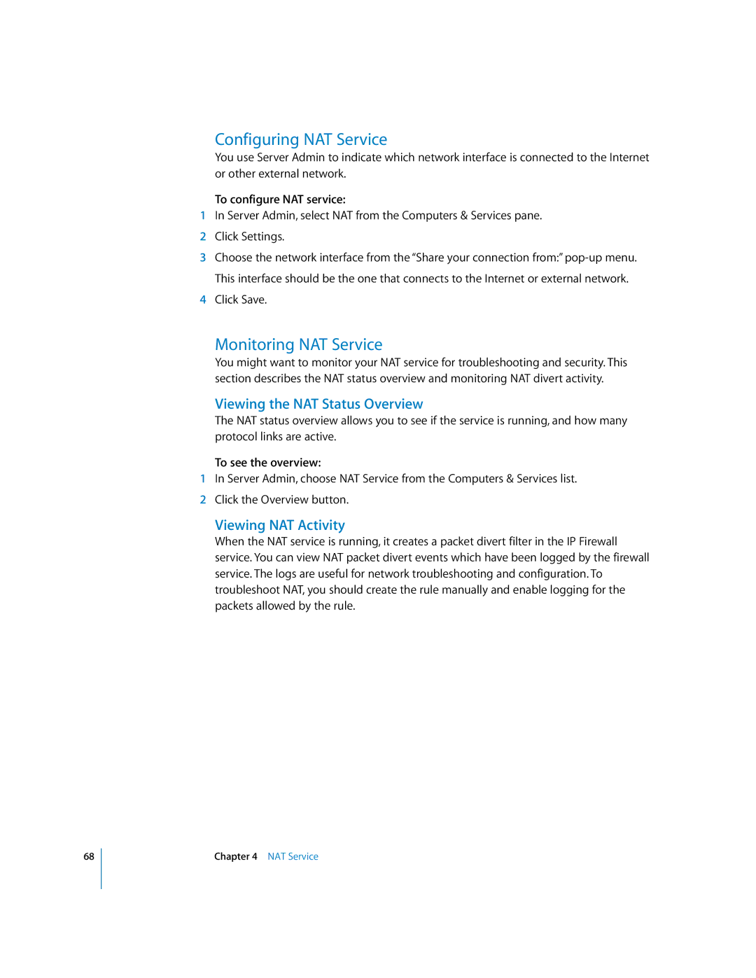 Apple 034-2351_Cvr Configuring NAT Service, Monitoring NAT Service, Viewing the NAT Status Overview, Viewing NAT Activity 