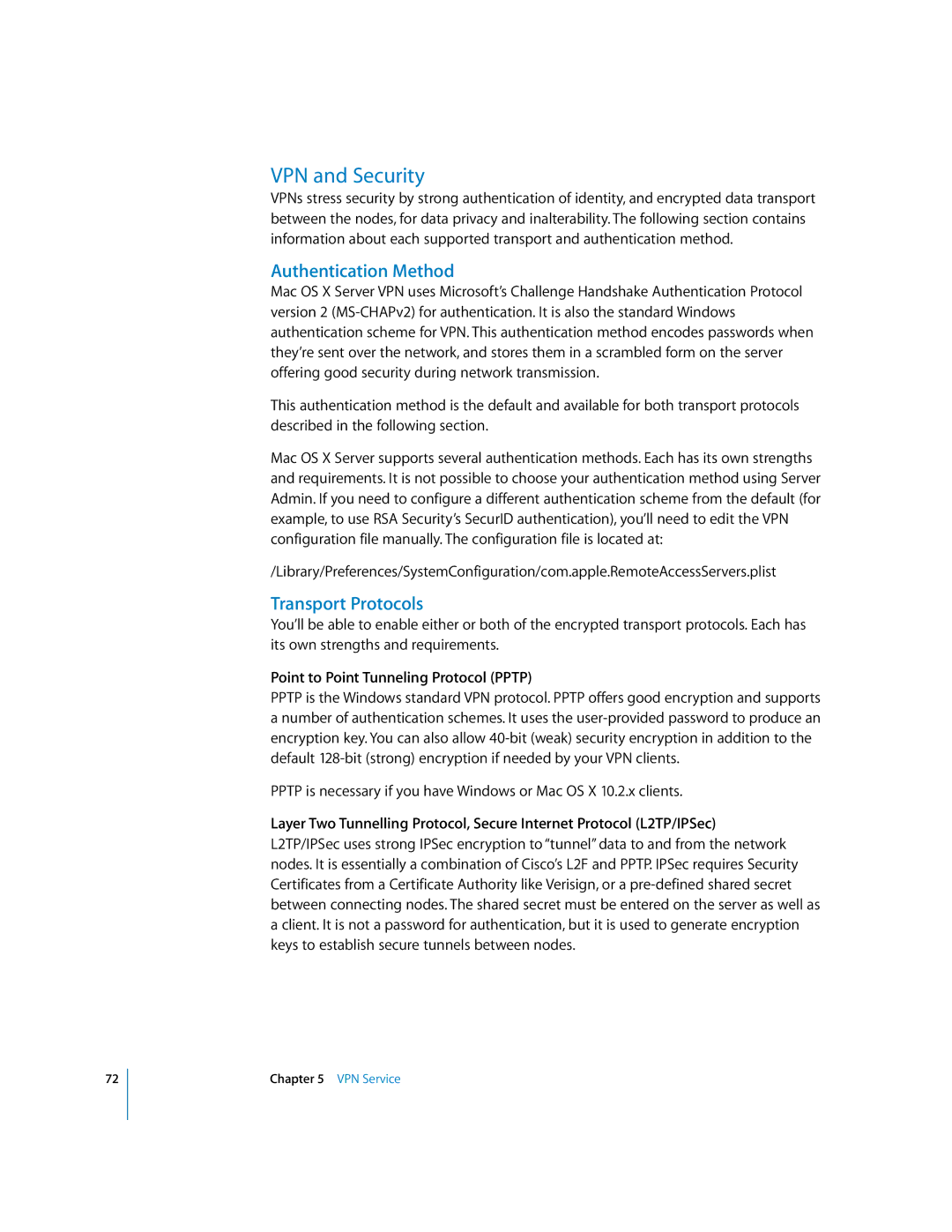 Apple 034-2351_Cvr VPN and Security, Authentication Method, Transport Protocols, Point to Point Tunneling Protocol Pptp 